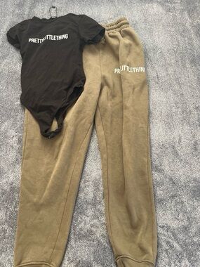 PrettyLittleThing Black Logo Bodysuit with Olive Green Joggers